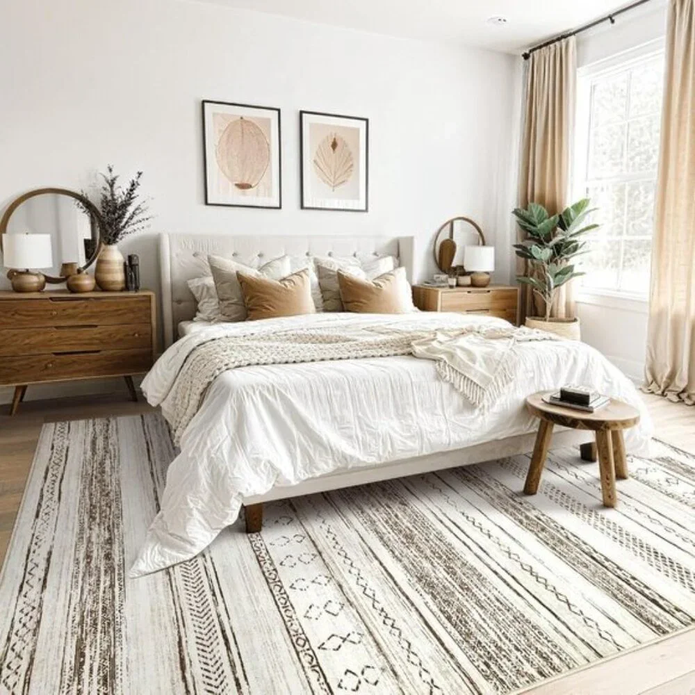New 5x7 Cream Brown Boho Area Rug Washable Soft Carpet for Home & Room Decor